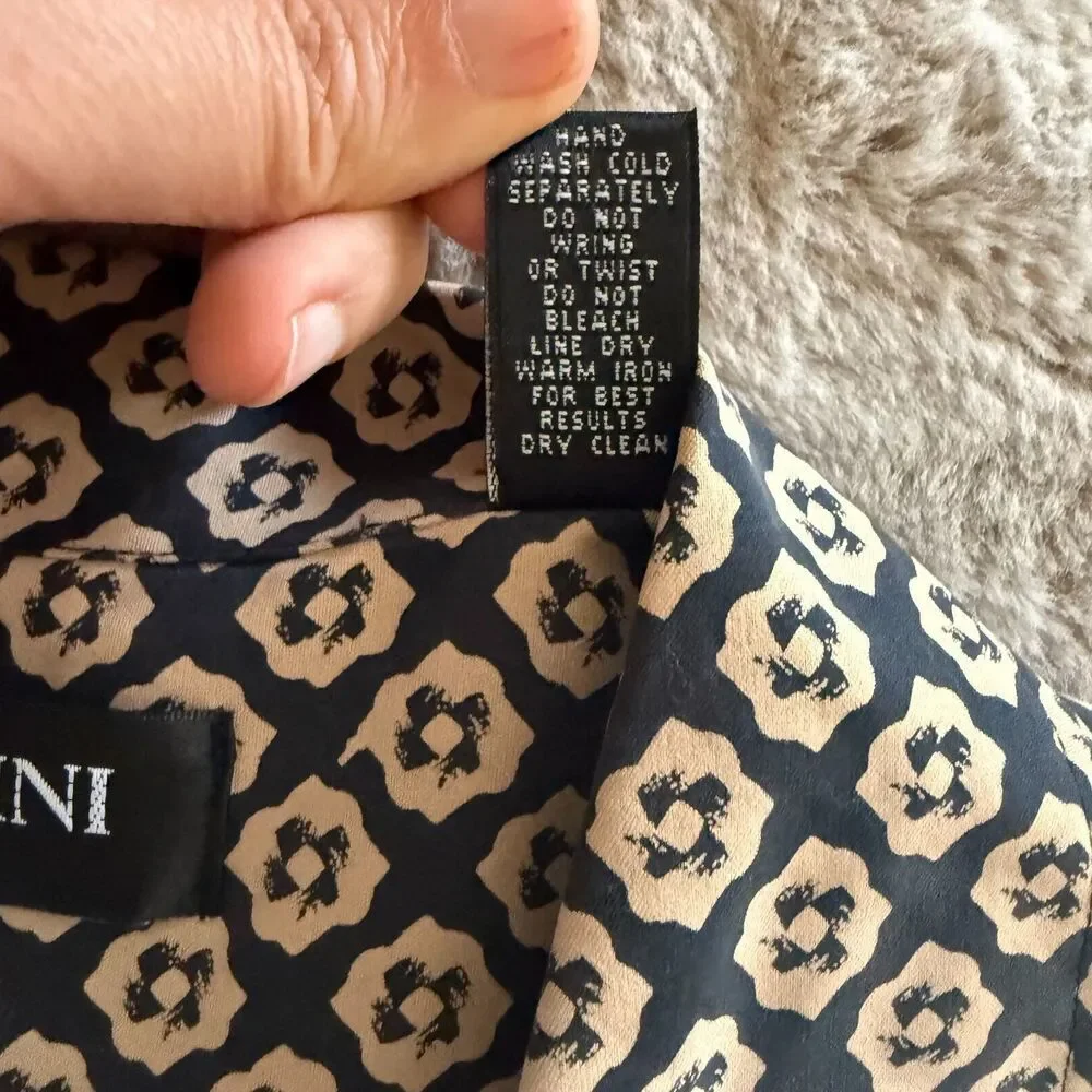 Brandini Men’s XXL 100% Silk Button-Down Shirt Black Beige Geometric Print Aloha